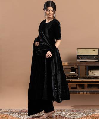 velvet black embroidered anarkali suit with dupatta 2