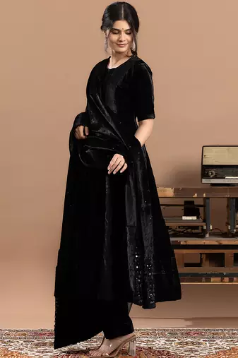 velvet black embroidered anarkali suit with dupatta