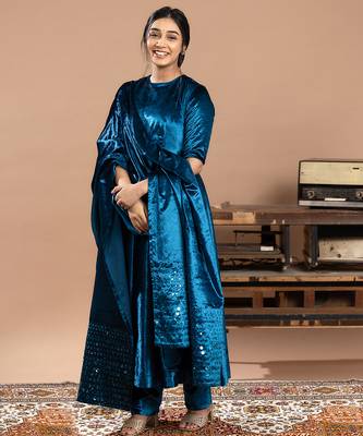 velvet blue embroidered anarkali suit with dupatta 3