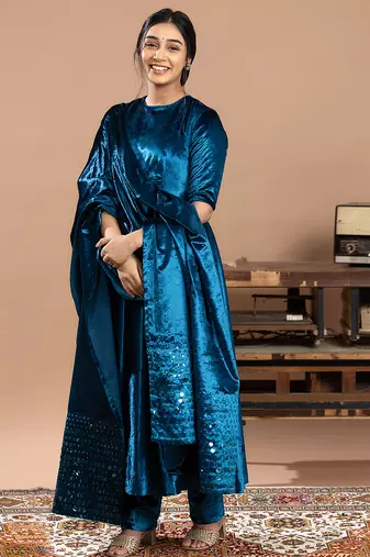velvet blue embroidered anarkali suit with dupatta
