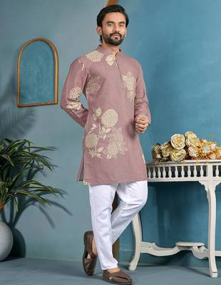 men's dusty rose cotton flex floral printed kurta 4