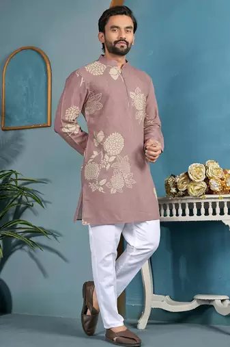 men's dusty rose cotton flex floral printed kurta