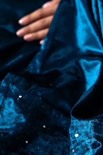 velvet blue embroidered anarkali suit with dupatta