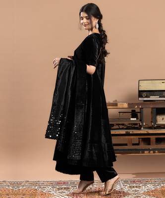 velvet black embroidered anarkali suit with dupatta 3