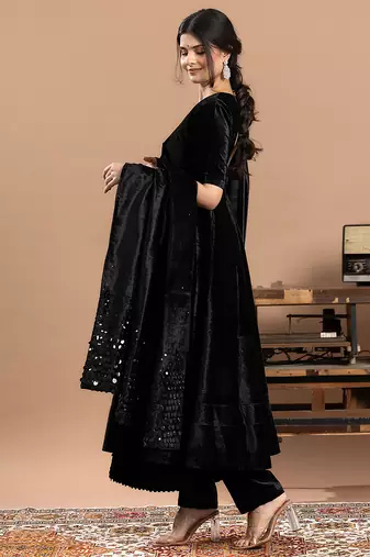 velvet black embroidered anarkali suit with dupatta