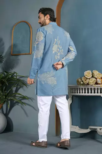 men's light blue cotton flex floral printed kurta