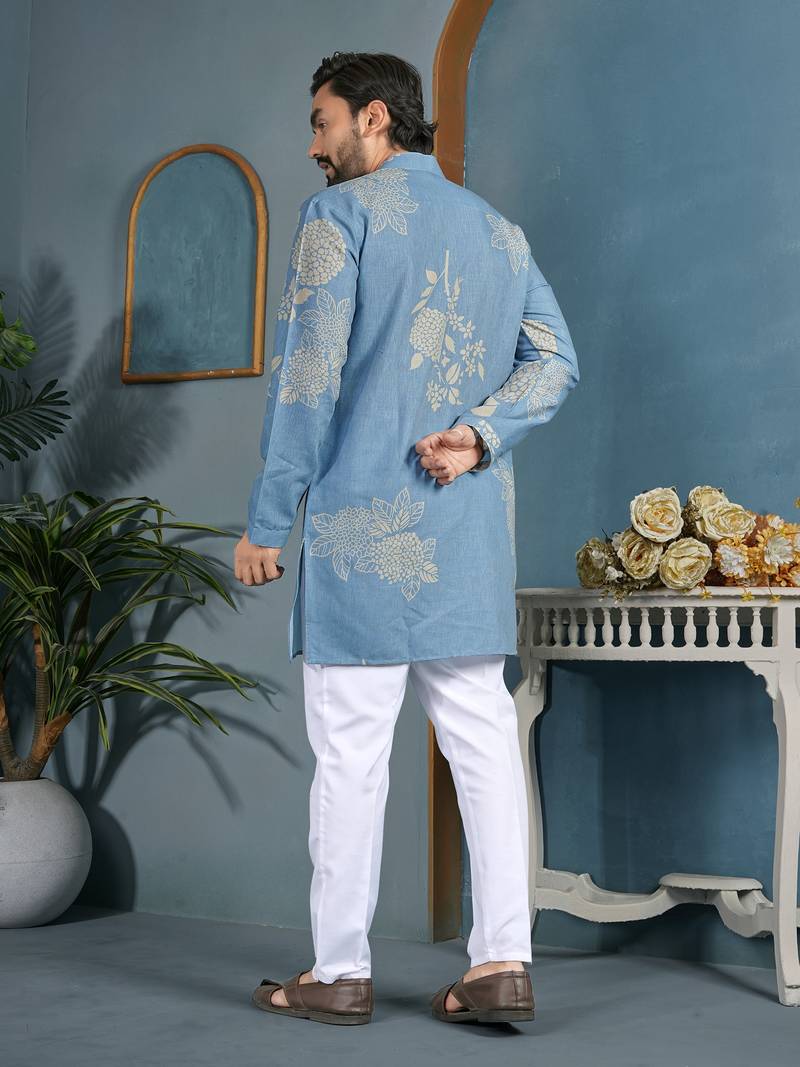 men's light blue cotton flex floral printed kurta
