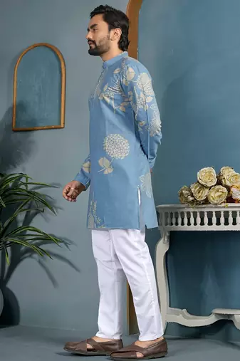 men's light blue cotton flex floral printed kurta