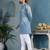 men's light blue cotton flex floral printed kurta