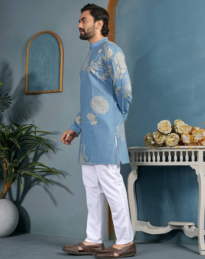 men's light blue cotton flex floral printed kurta