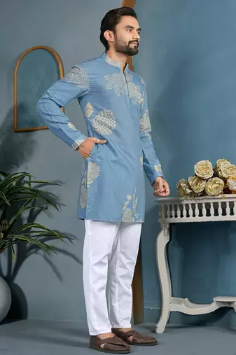 men's light blue cotton flex floral printed kurta