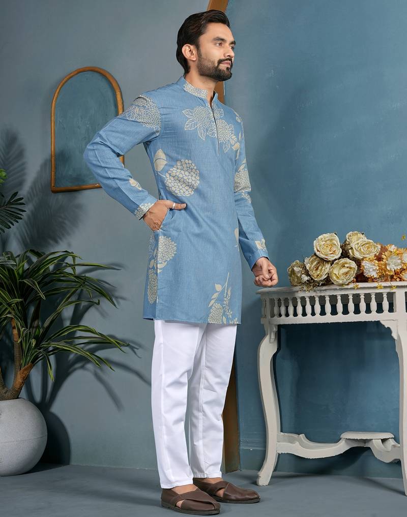 men's light blue cotton flex floral printed kurta