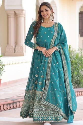teal sequins embroidered gown with matching dupatta