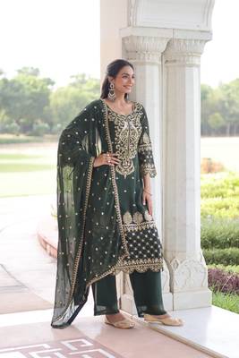 green embroidered work kurta with pant & dupatta set 1