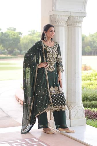 green embroidered work kurta with pant & dupatta set