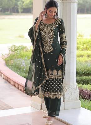 green embroidered work kurta with pant & dupatta set 2