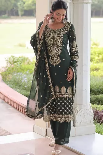 green embroidered work kurta with pant & dupatta set