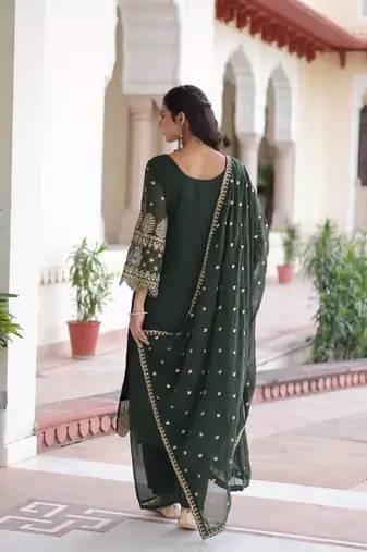 green embroidered work kurta with pant & dupatta set
