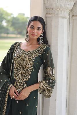 green embroidered work kurta with pant & dupatta set 4