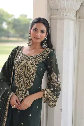 green embroidered work kurta with pant & dupatta set