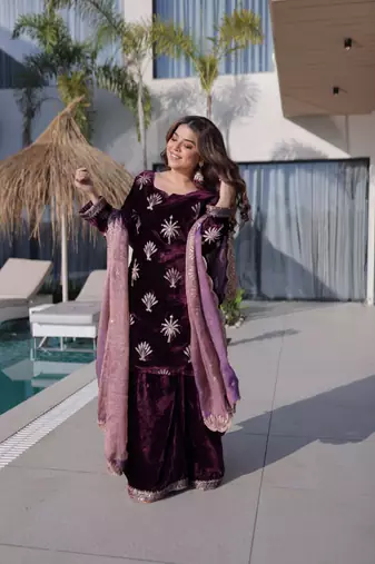wine velvet zari embroidered kurta palazzo set