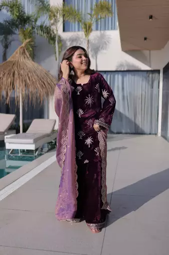 wine velvet zari embroidered kurta palazzo set