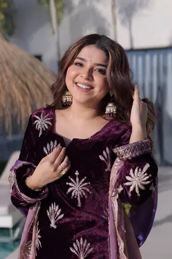wine velvet zari embroidered kurta palazzo set