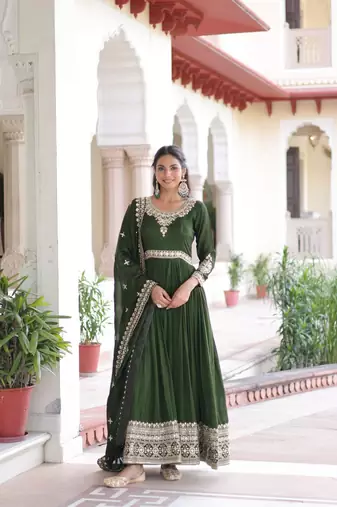 Green Silk Embroidered Gown & Dupatta