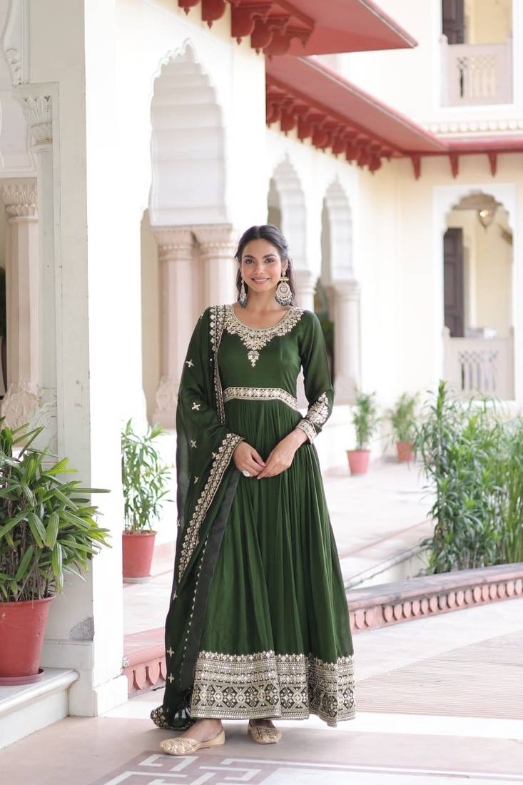 Green Silk Embroidered Gown & Dupatta