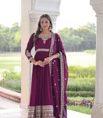 Wine Silk Embroidered Gown & Dupatta