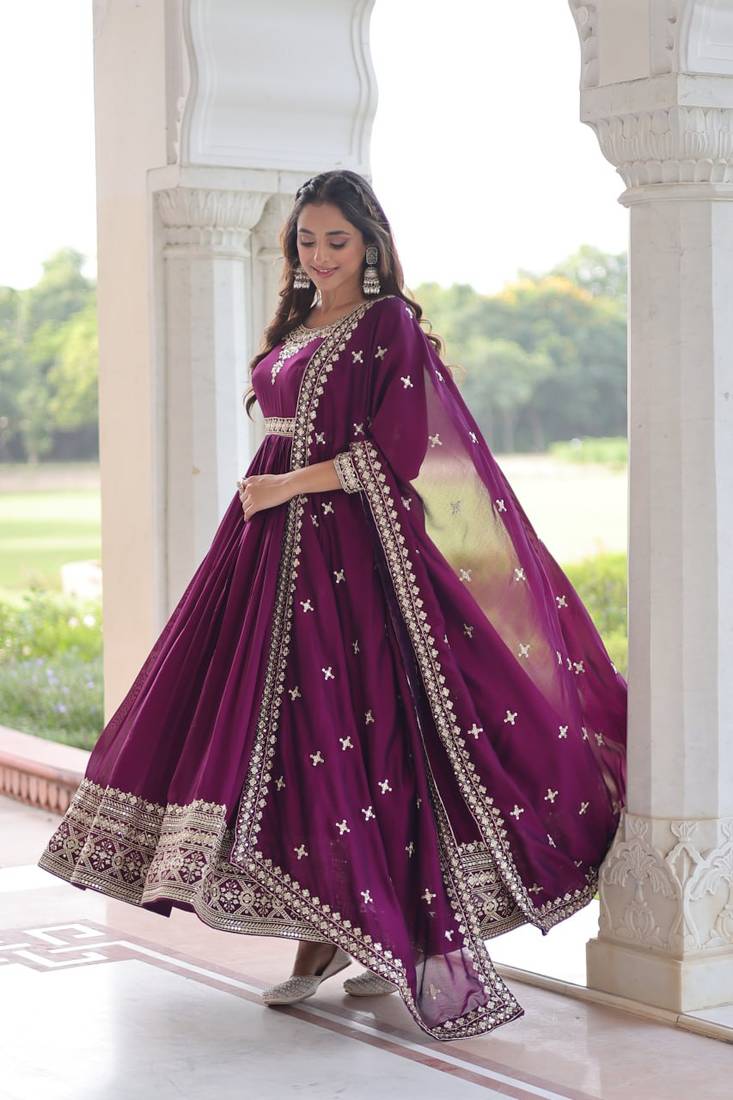 Wine Silk Embroidered Gown & Dupatta