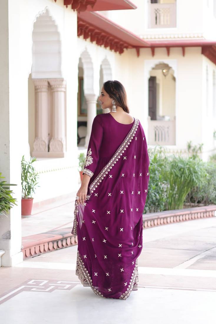 Wine Silk Embroidered Gown & Dupatta