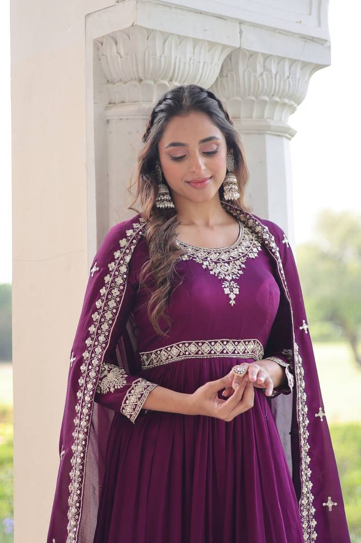Wine Silk Embroidered Gown & Dupatta