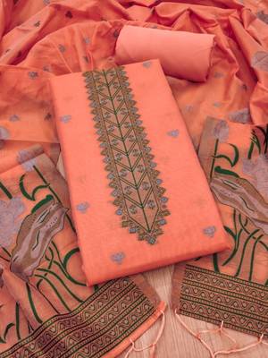 peach cotton jamdani dress material set 1