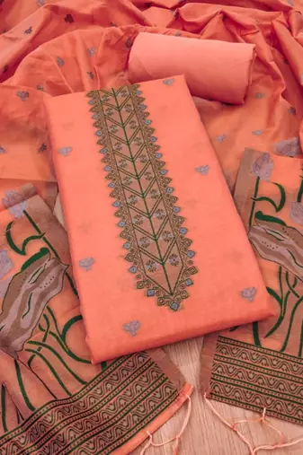 Peach jamdani weaving muga cotton 3 piece dress material