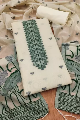 White jamdani weaving muga cotton 3 piece dress material