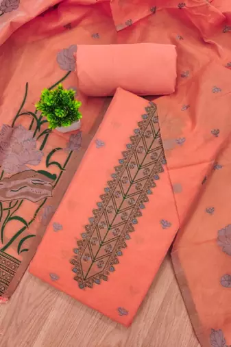 peach cotton jamdani dress material set