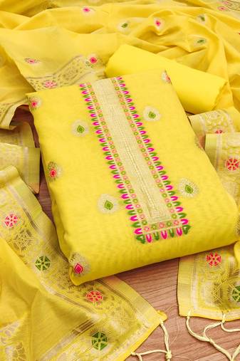 yellow chanderi cotton zari weaving dress material set