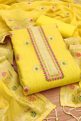 Yellow Zari weaving chanderi cotton 3 piece dress material