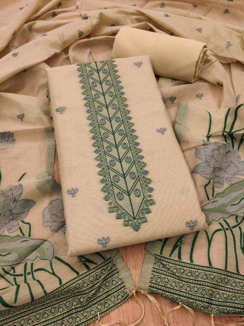 chikoo muga cotton with jamdani weaving 3-piece dress material set