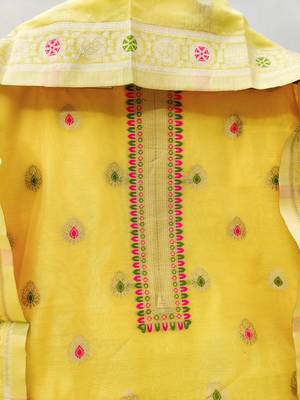 yellow chanderi cotton zari dress material set 2