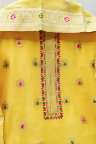 yellow chanderi cotton zari dress material set