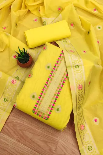 yellow chanderi cotton zari dress material set