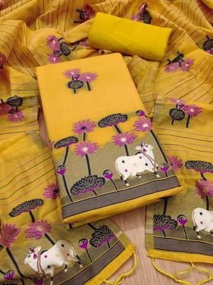 yellow cotton jamdani dress material set 1