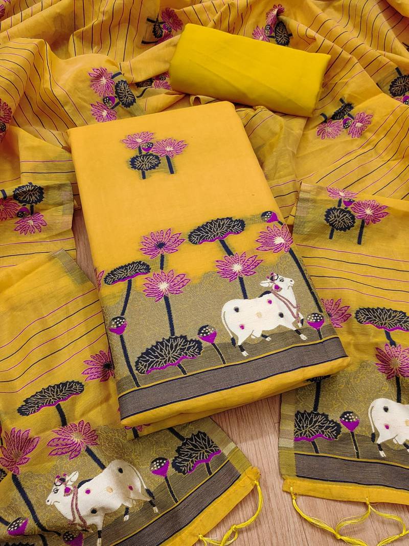 yellow muga cotton jamdani weaving 3-piece dress material set