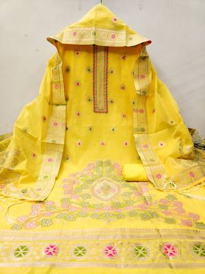 yellow chanderi cotton zari dress material set 4