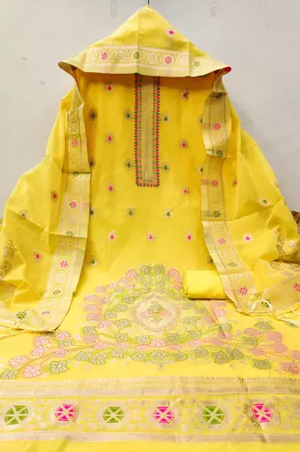 yellow chanderi cotton zari dress material set