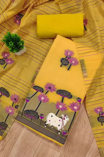 yellow cotton jamdani dress material set