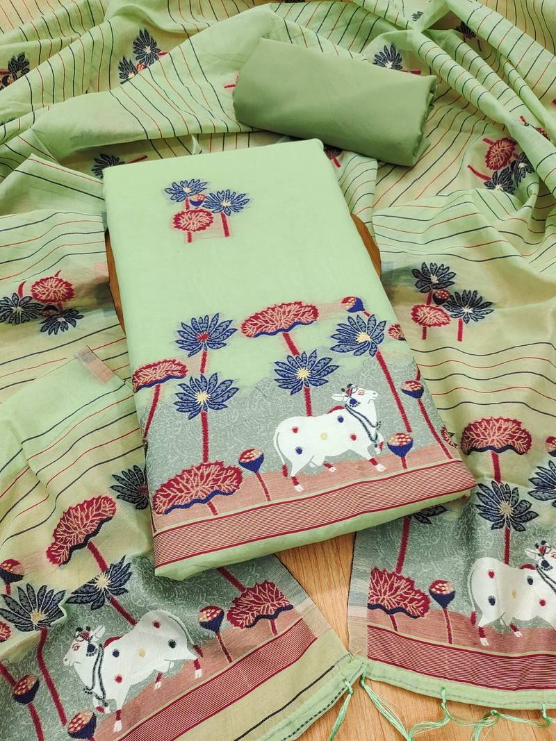 pista muga cotton jamdani weaving 3-piece dress material set