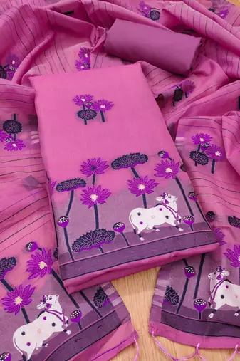 Pink jamdani weaving muga cotton 3 piece dress material